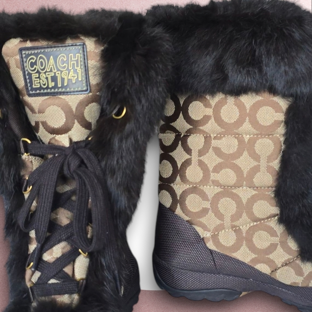 NWOT Coach Jennie Signature Fur Winter Snow Boots Brown Monogram Cozy Luxe Sz 8 - Picture 11 of 14